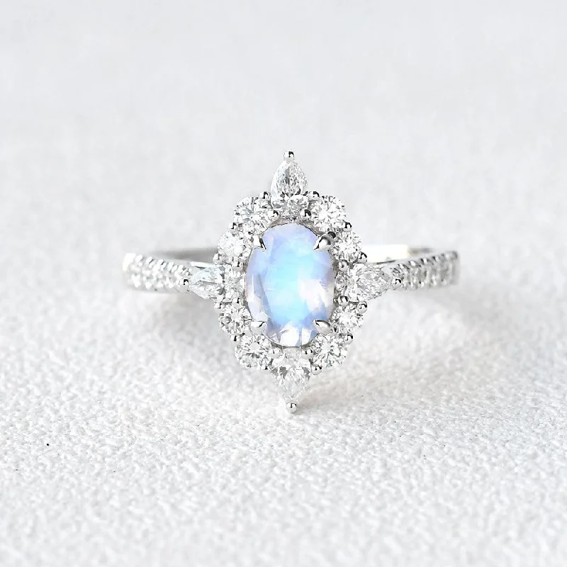 Engagement rings with trillion-cut moonstone gems -Moonstone & Moissanite Inspired Halo Ring