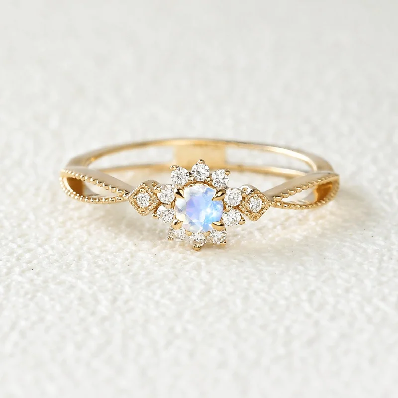 Engagement rings with bezel-set citrine for safety -Moonstone & Moissanite Yellow Gold Ring