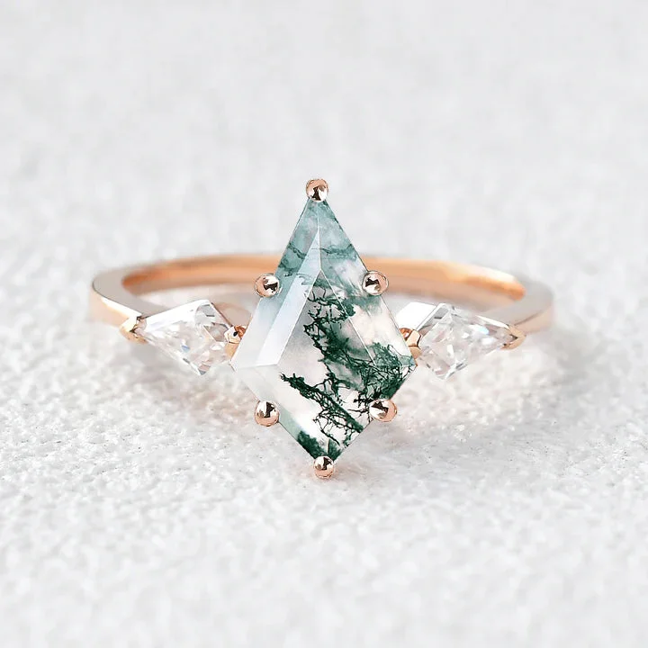 Engagement rings with matte finish rose gold -Moss Agate Kit Cut Three-stone Bezel Engagement Ring