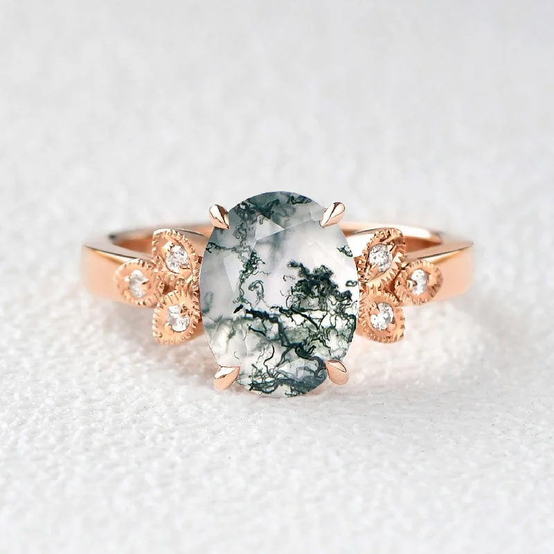 Engagement rings with vine-inspired topaz bands -Moss Agate Oval Shaped Wedding Engagement Ring