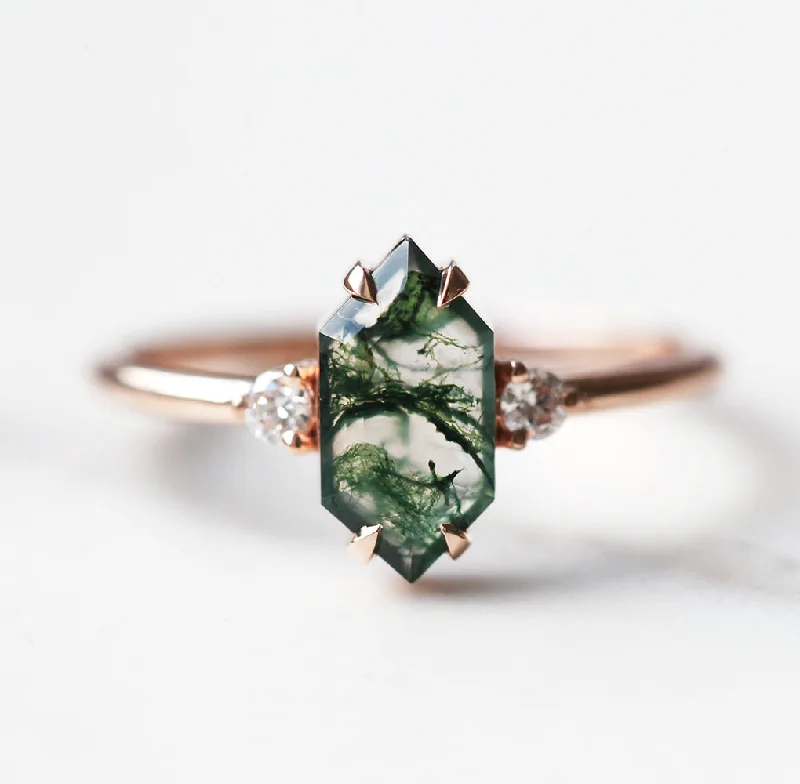 Engagement rings with subtle engraved turquoise bands -Hayley Hexagon Moss Agate Ring With Diamonds