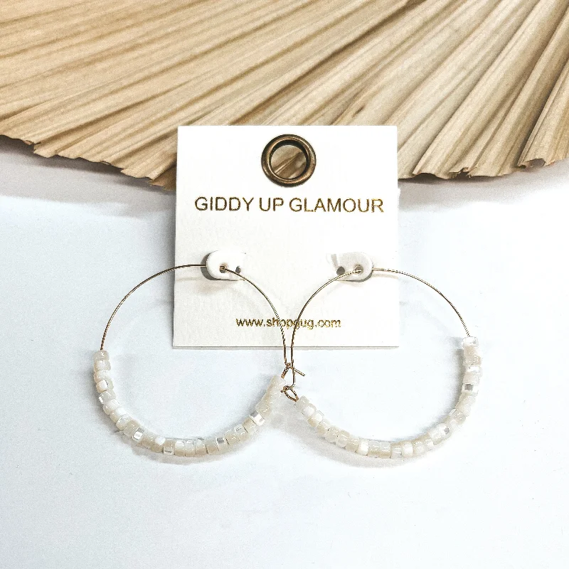 Small hoop earrings for a delicate and understated everyday wear-Beach Hustle Mother of Pearl Beaded Thin Gold Hoops in Ivory