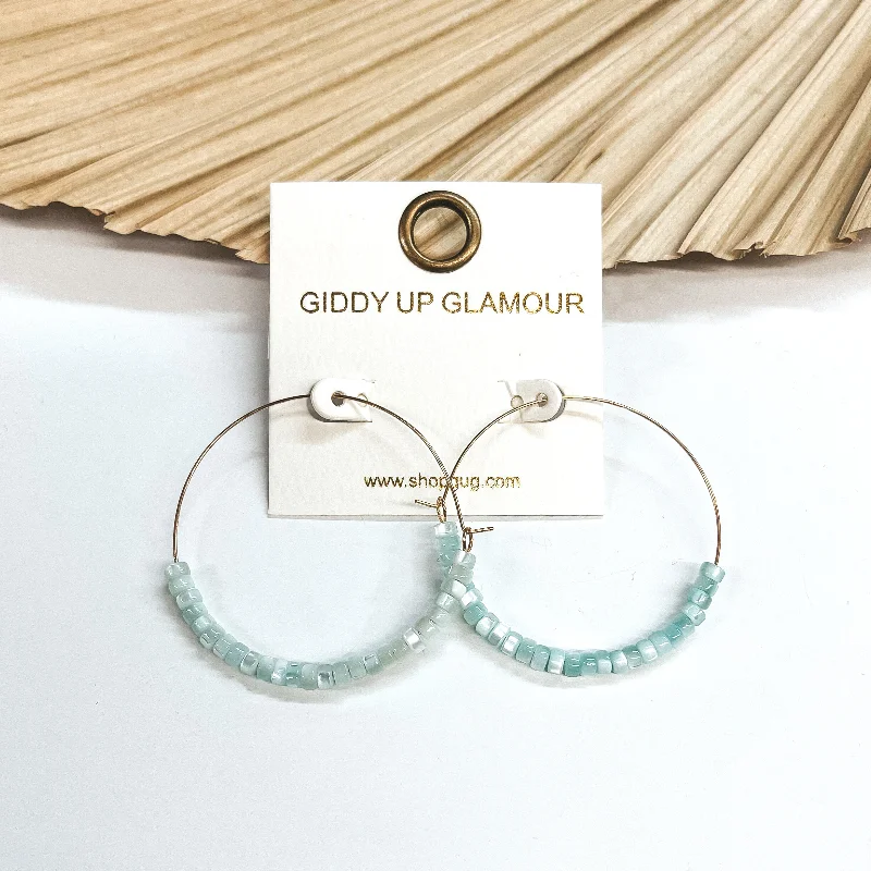 Best hoop earrings with snake chain details for a sleek and modern touch-Beach Hustle Mother of Pearl Beaded Thin Gold Hoops in Light Blue