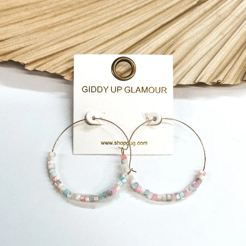 Best hoop earrings with gold for a luxurious and timeless look-Beach Hustle Mother of Pearl Beaded Thin Gold Hoops in Multicolor