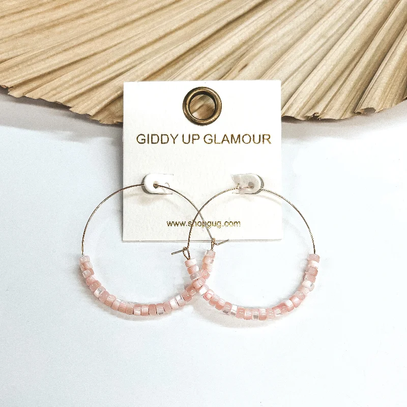 Best hoop earrings with geometric triangle shapes for a modern, chic design-Beach Hustle Mother of Pearl Beaded Thin Gold Hoops in Pale Pink