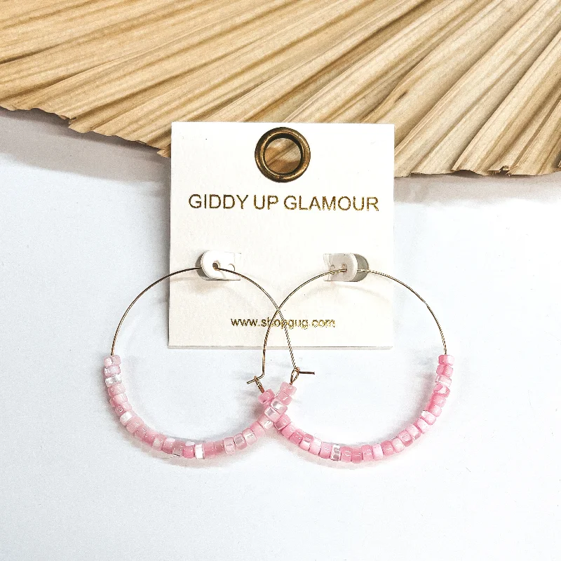 Hoop earrings with luxe velvet finishes for a rich and luxurious touch-Beach Hustle Mother of Pearl Beaded Thin Gold Hoops in Pink