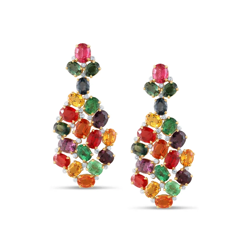 Hoop earrings with luxe velvet finishes for a rich and luxurious touch-Mulicolor Spinel, Tsavorite, Tourmaline & Diamond Earring In 18K Yellow Gold