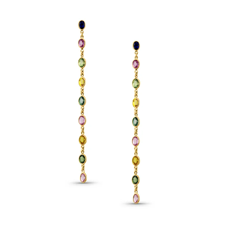 Hoop earrings with twisted metal designs for a dynamic and modern style-Multi Sapphire Oval Earring In 18K Yellow Gold