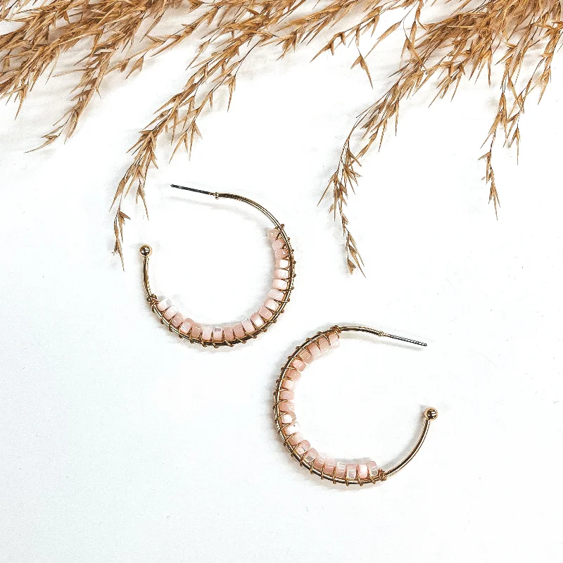 Hoop earrings with a matte black finish for a sleek, edgy vibe-Oceans Away Open Ended Circle Hoops with Mother of Pearl Beads in Pink