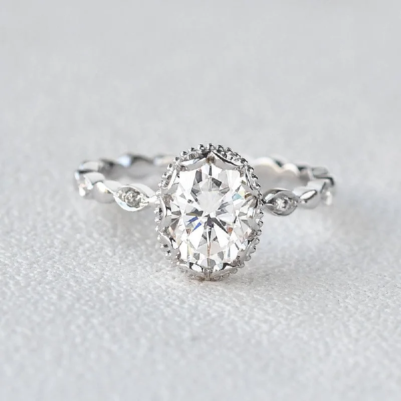 Engagement rings with engraved initials inside bands -Oval Cut Moissanite Halo Milgrain Ring