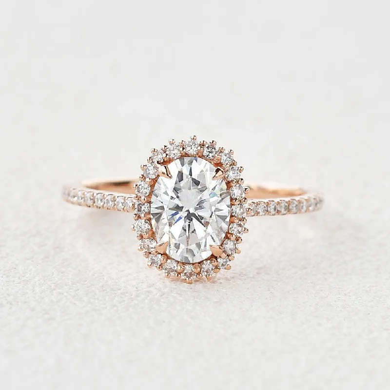 Engagement rings with vintage rose quartz settings -Oval Cut Moissanite Halo Stacking Rose Gold Ring