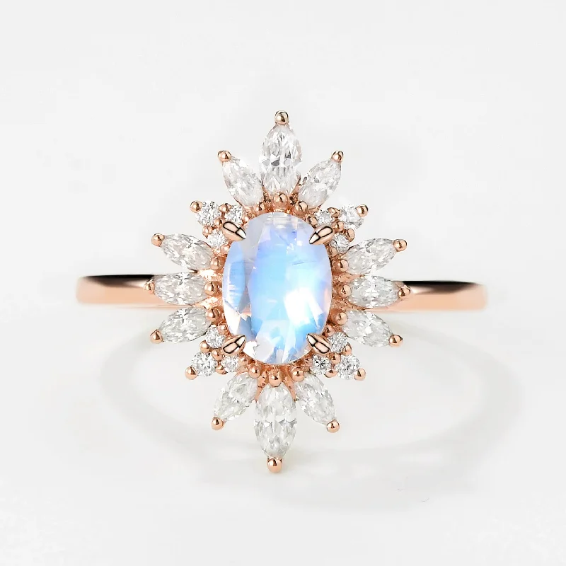 Engagement rings with floral halo of topaz -Oval Moonstone Flower Inspired Halo Ring