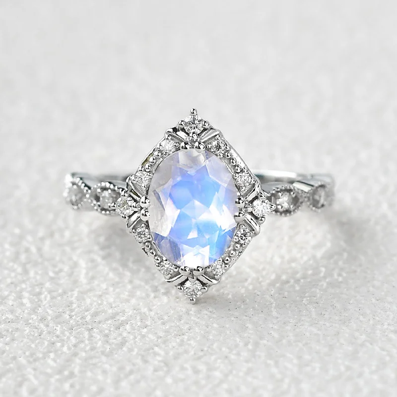 Engagement rings with trillion-cut moonstone gems -Oval Moonstone & Moissanite Art Deco Ring