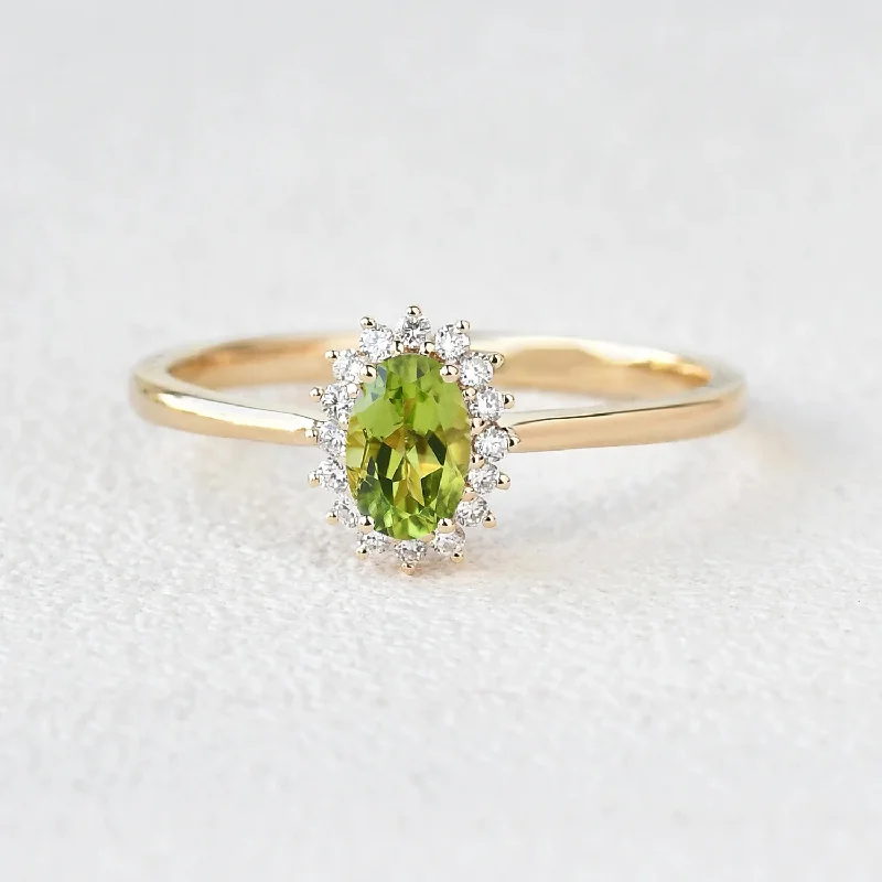 Engagement rings with faceted citrine for shine -Oval Peridot & Moissanite Halo Engagement Ring