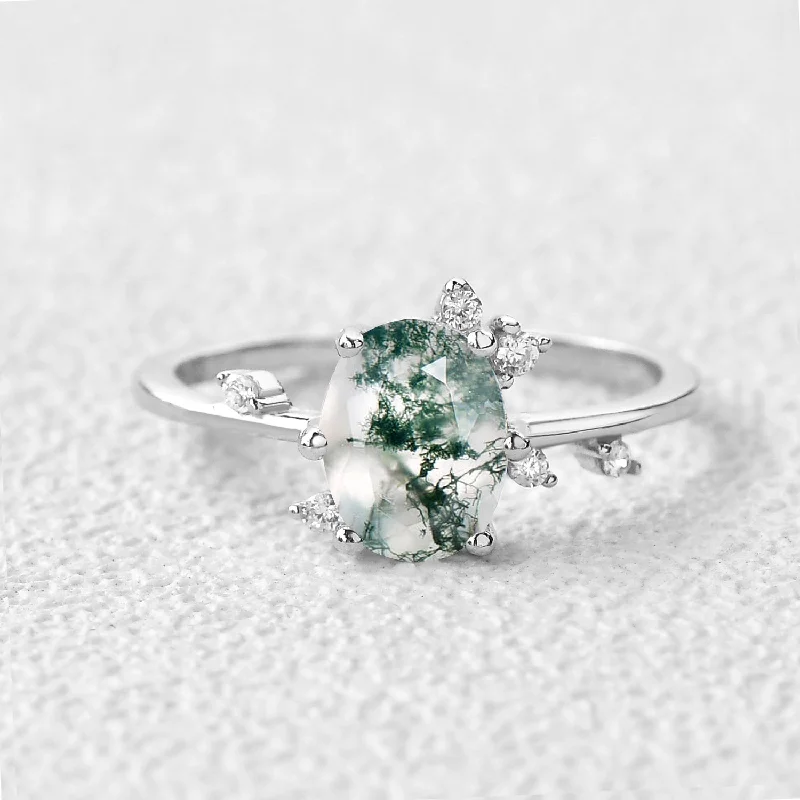 Engagement rings with radiant-cut peridot for green -Oval Shaped Moss Agate Leaf Engagement Ring