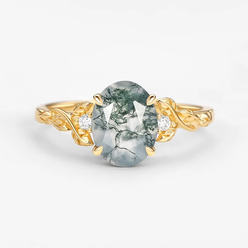 Engagement rings with pave-set citrine for warmth -Oval Shaped Moss Agate Leafy Wedding Engagement Ring