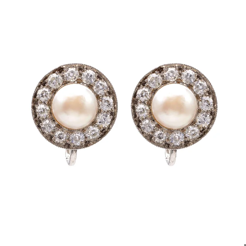 Hoop earrings with twisted metal designs for a dynamic and modern style-Pair of Art Deco GIA Pearl and Diamond Platinum Earrings