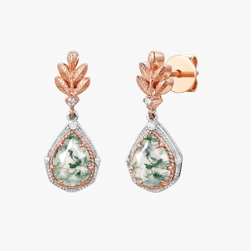 Hoop earrings with gold accents for a warm, elegant statement piece-Pear Moss Agate & Moissanite Leafy Earrings