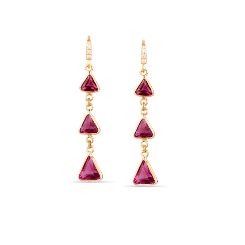 Hoop earrings with floral motifs for a feminine and nature-inspired look-Pink Tourmaline Triangle Earring In 18K Yellow Gold