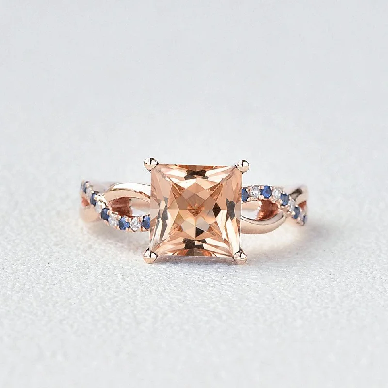 Engagement rings with starburst tiger eye glow -Princess Cut Morganite & Sapphire Infinity Rose Gold Ring