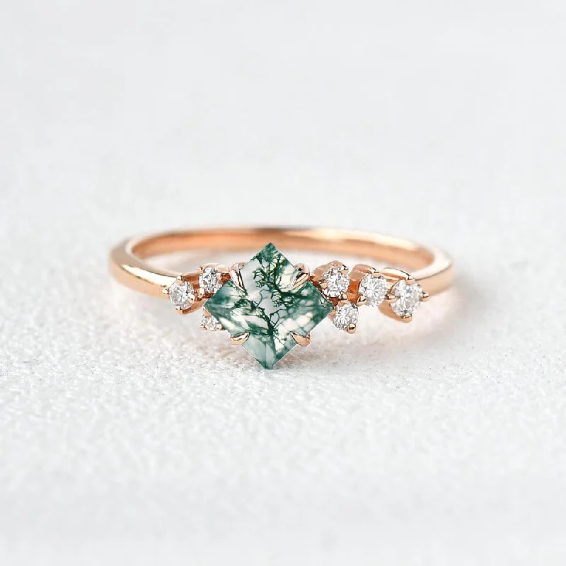 Engagement rings with asscher-cut jade for class -Princess Cut Moss Agate & Moissanite Rose Gold Ring