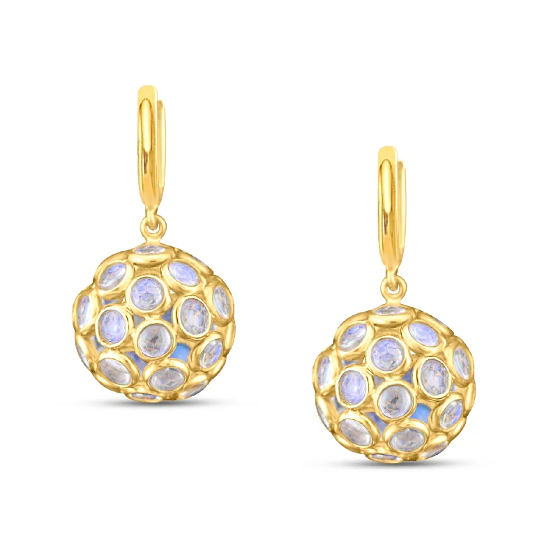 Best hoop earrings with sterling silver for an affordable and chic design-Rainbow Moonstone Ball Earrings With Plain Gold Huggies In 18K Yellow Gold