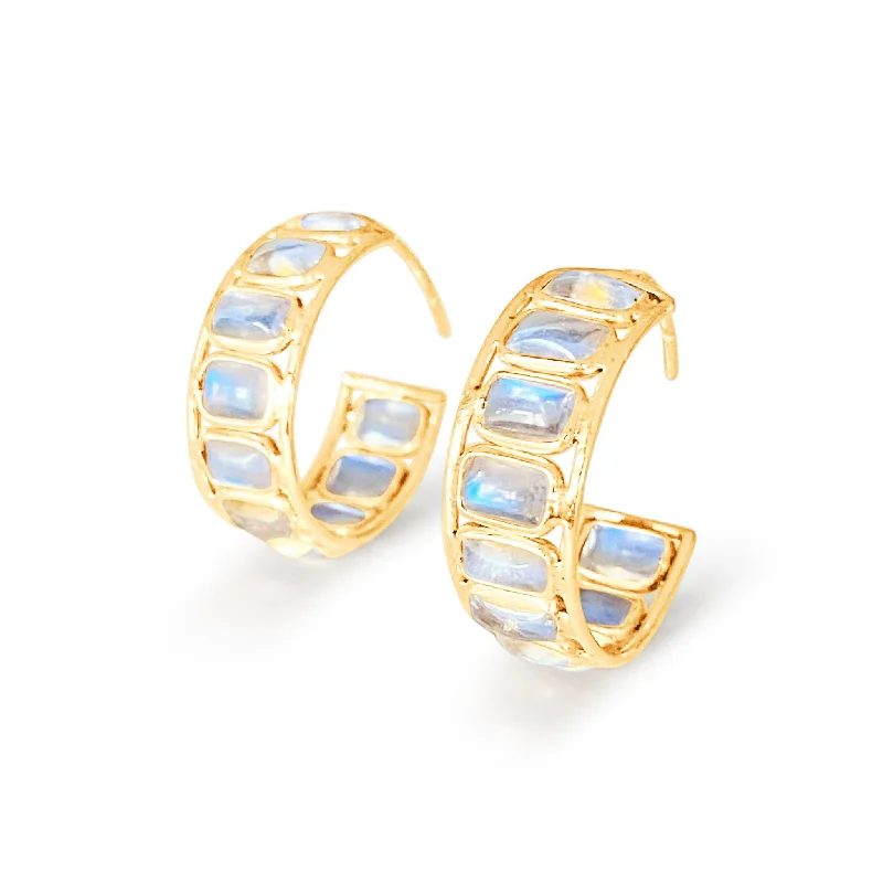 Best hoop earrings with geometric triangle shapes for a modern, chic design-Rainbow Moonstone Rectangle Hoop Earring In 18K Yellow Gold