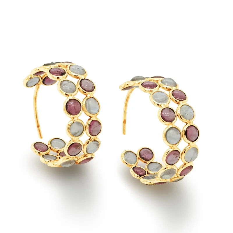 Rainbow Moonstone  & Tourmaline Hoop Earring In 18K Yellow Gold