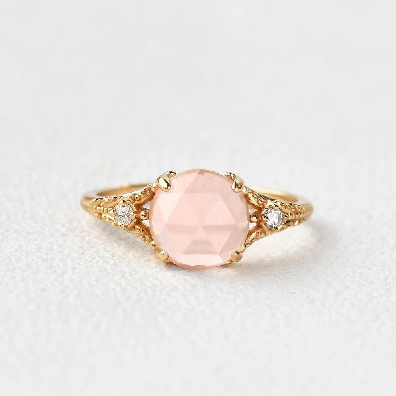 Engagement rings with spiral onyx for edge -Rose Cut Pink Crystal Vintage Inspired Yellow Gold Ring