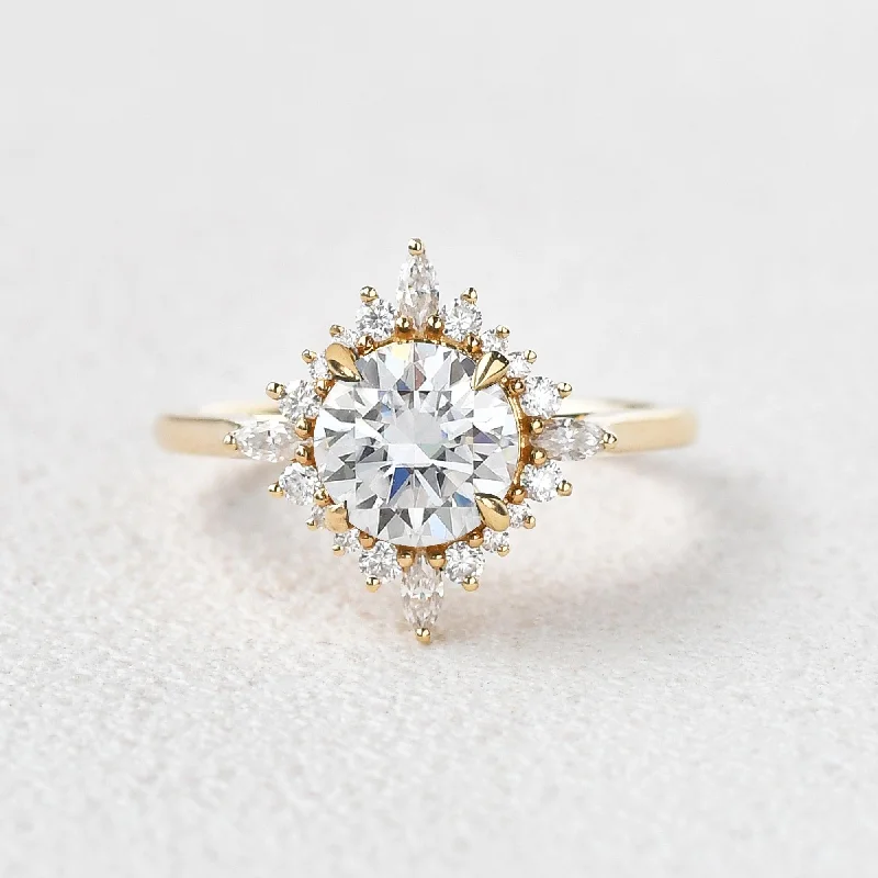 Engagement rings with trillion-cut moonstone gems -Round Cut Moissanite Floral Inspired Yellow Gold Ring