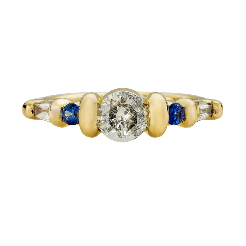 Engagement rings with floral halo of topaz -Salt and Pepper Diamond Ring with Blue Sapphires