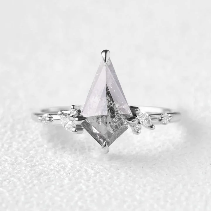 Engagement rings with east-west moonstone settings -Salt and Pepper Diamonds Kite Cut Stacking Engagement Ring