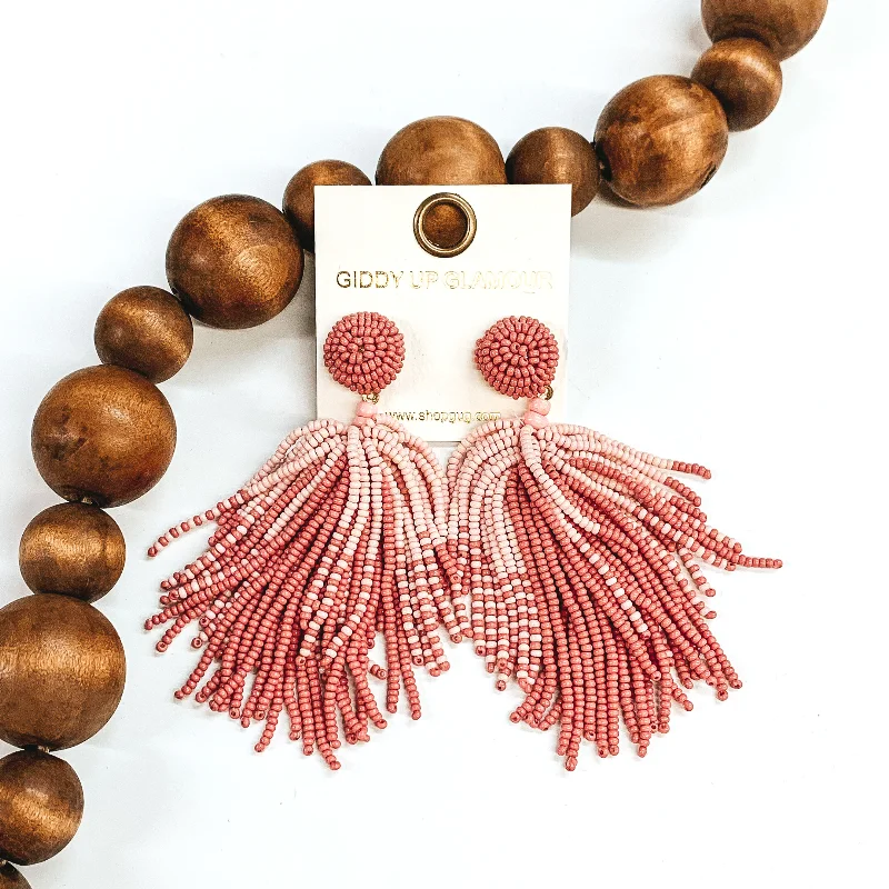 Hoop earrings with stacked layers for a bold and textured design-Seed Bead Tassel Earrings in Baby Pink and Dusty Pink