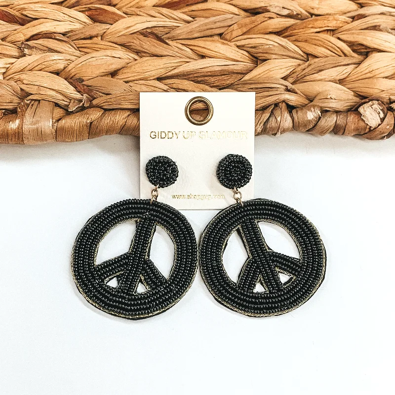 Best hoop earrings with gold for a luxurious and timeless look-Seed Beaded Peace Sign Earrings in Black