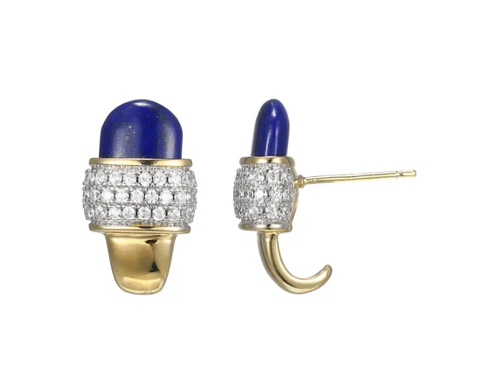 Hoop earrings with crescent moon shapes for a celestial and mystical appearance-SS Yellow Gold Plated New Mesh 2 Genuine Lapis & CZ J Hoop Post Earrings