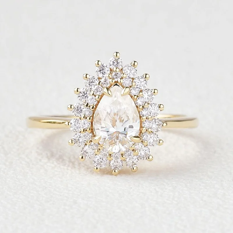 Engagement rings with asymmetrical halo of jade -Stacking Moissanite Yellow Gold Halo Ring