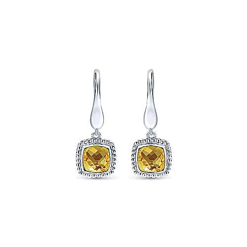 Hoop earrings with oversized designs for a bold, fashion-forward statement-Sterling Silver Earrings with Cushion Cut Citrine Drop by Gabriel