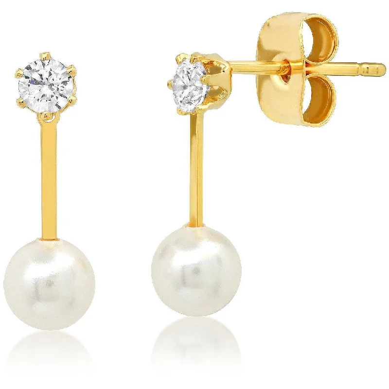 Hoop earrings with a matte finish for a sleek and sophisticated appearance-TAI GOLD STICK STUD WITH CZ SOLITAIRE AND PEARL ACCENTS