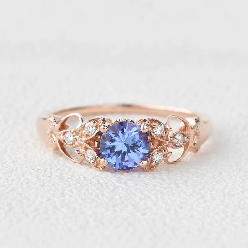 Engagement rings with oval smoky quartz gems -Tanzanite & Moissanite Inspired Rose Gold Ring