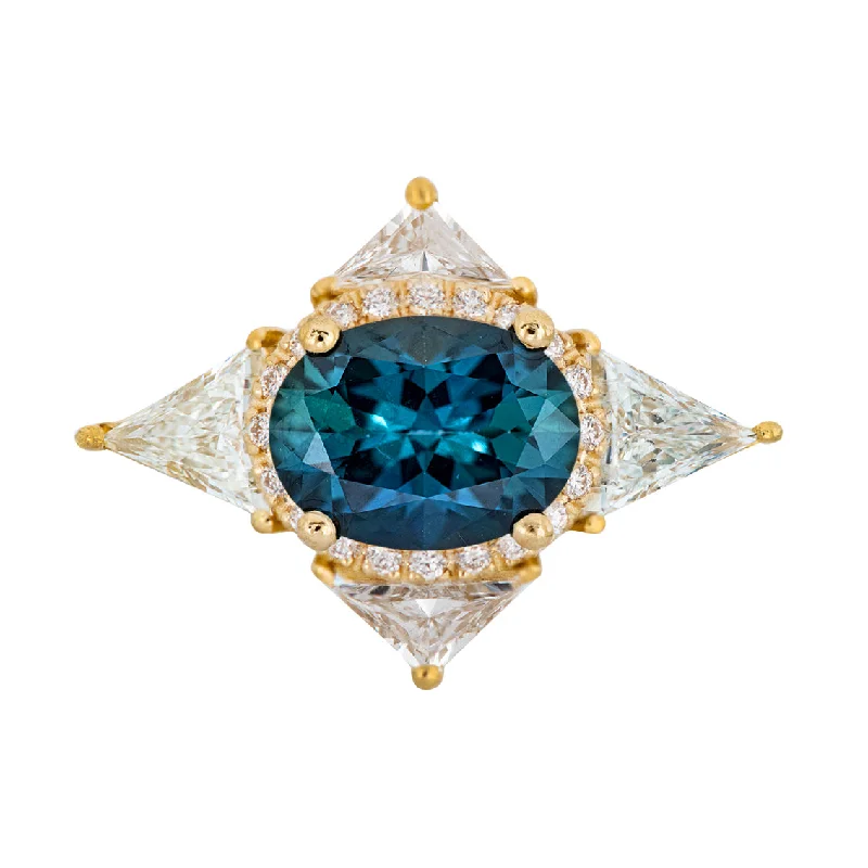 Engagement rings with tension-set tiger eye stones -Teal Sapphire Deco Ring with Triangle Diamonds