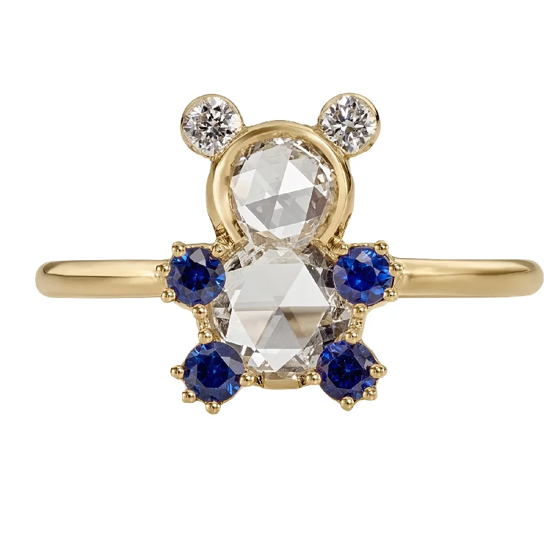 Silver engagement rings with affordable peridot gems -Teddy Bear Rose Cut Diamond & Blue Sapphire Ring