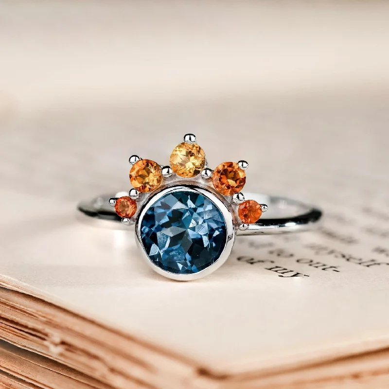 Engagement rings with spiral onyx for edge -The Cosset - London Blue Topaz Engagement Ring with Citrine Crown Accent & Bezel Setting