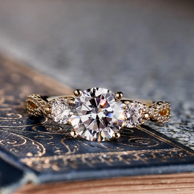 Engagement rings with split-shank topaz designs -The Elodie - Three Stone Round Twisted Diamond Engagement Ring