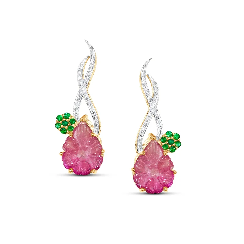 Best hoop earrings with asymmetrical designs for a fashion-forward, avant-garde look-Tourmaline Carved Leaves, Emerald & Diamond Earring In 18K Yellow Gold