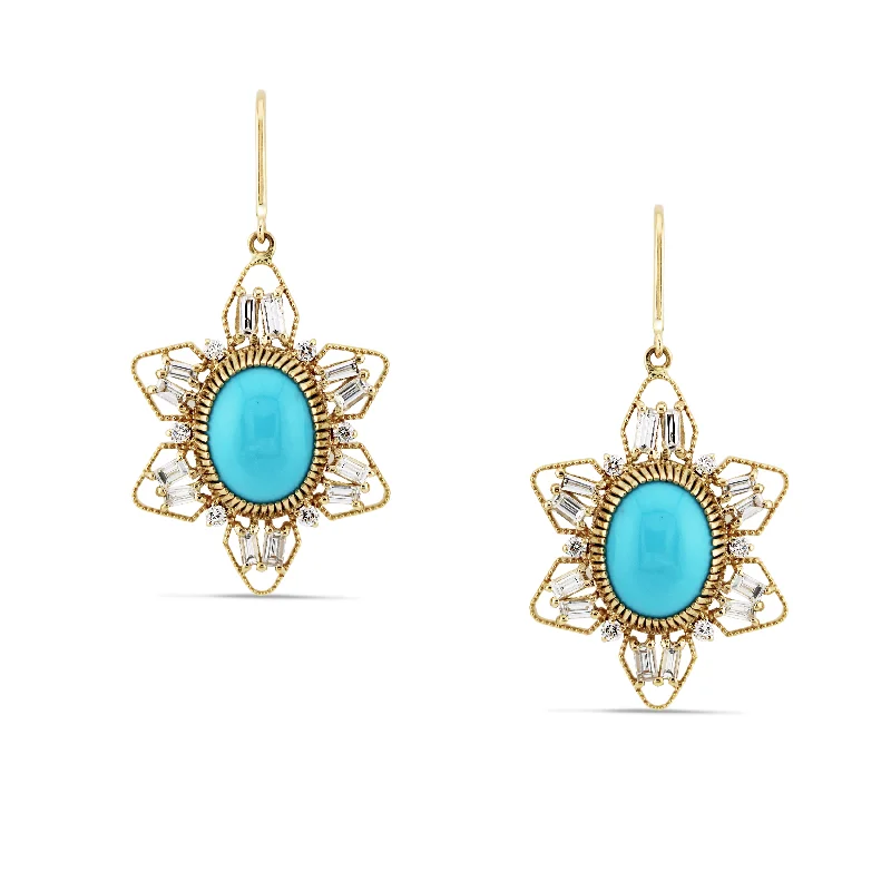 Hoop earrings with oversized designs for a bold, fashion-forward statement-Turquoise Oval & Diamond Earring In 18K Yellow Gold