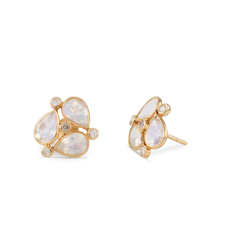 Hoop earrings with polished metal for a shiny and high-quality finish-Rainbow Moonstone Pear Shape & Diamond Earring In 18K Yellow Gold