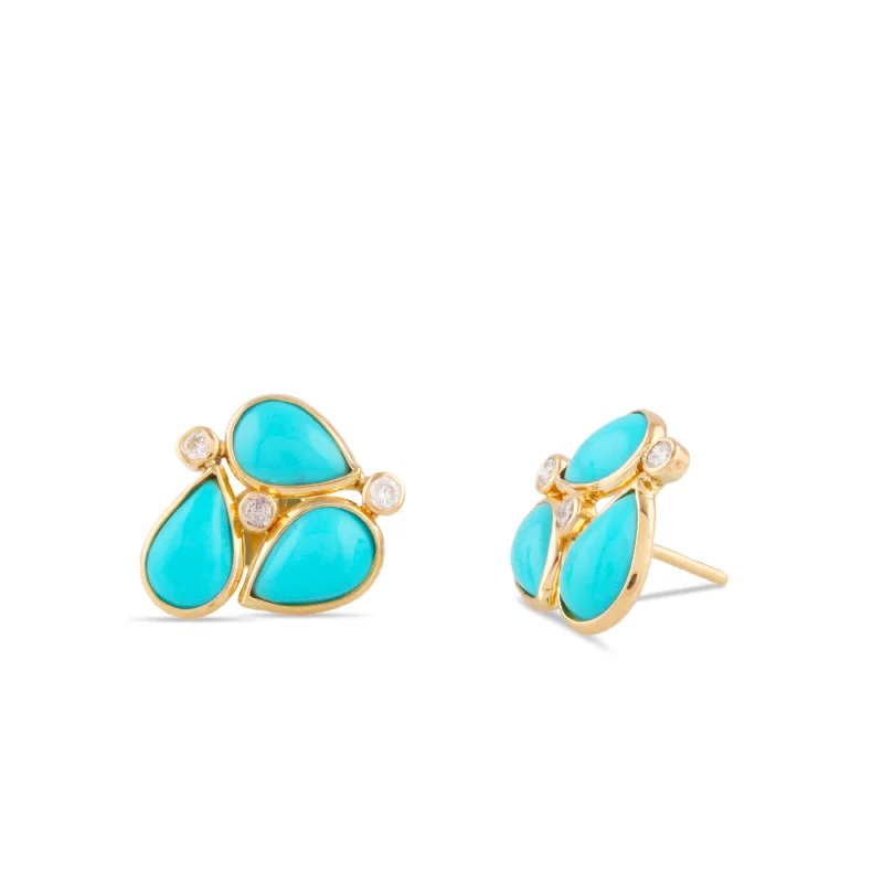 Hoop earrings with leather accents for a sleek and bold combination-Turquoise Pear Shape & Diamond Earring Stud In 18K Yellow Gold