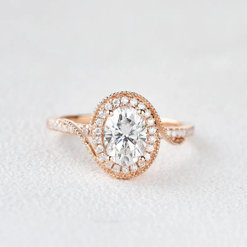 Engagement rings with sleek rose gold twists -Twist Oval Moissanite Halo Inspired Ring