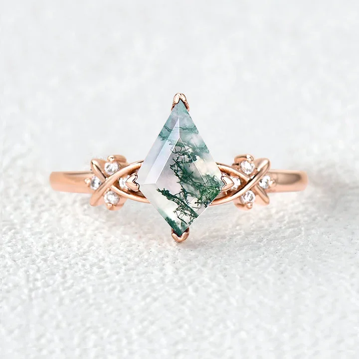 Engagement rings with radiant aquamarine center stones -Unique Moss Agate Geometric Engagement Ring