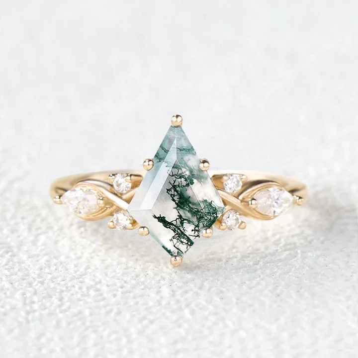 Engagement rings with faceted jade for calm -Unique Moss Agate Gold Engagement Ring